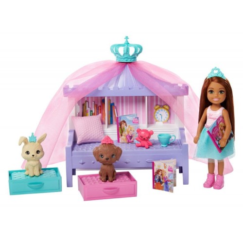 Barbie Przygody Księżniczek Zestaw sypialnia księżniczki + lalka Chelsea 3+ Mattel.jpg