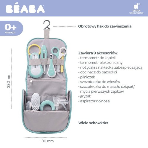 Kosmetyczka z 9 akcesoriami do pielęgnacji niemowląt mint Beaba.jpg