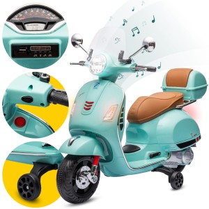 Jeździk dla dziecka Skuter Vespa na akumulator z kuferkiem turkusowy Sun Baby