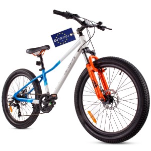 Rower górski MTB 24 cale dla chłopca dziewczynki na komunię Shimano 7 biegów z amortyzatorem szerokie opony Calix biały niebieski