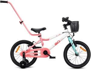 Rower dziecięcy 16 cali dla dziewczynki Lekki aluminium Prowadnik Kółka boczne Koszyk Dzwonek V-brake Naklejki LOOFI biały różowy miętowy