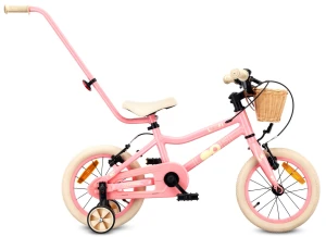 Rower dziecięcy 14 cali dla dziewczynki Lekki aluminium Prowadnik Kółka boczne Koszyk Dzwonek V-brake Naklejki LOOFI różowy