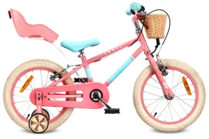 Rower dziecięcy 16 cali dla dziewczynki Fotelik dla lalki Kółka boczne Koszyk Dzwonek V-brake LOVEL biały różowy miętowy