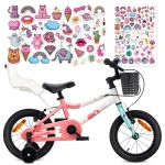 Rower dziecięcy 14 cali dla dziewczynki Lekki aluminiowy Fotelik dla lalki Kółka boczne Koszyk Dzwonek V-brake Naklejki LOOFI biały różowy miętowy