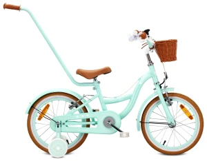 Rower 16 cali dla dziewczynki Pchacz Kółka boczne Koszyk V-brake Flower Retro bike miętowy